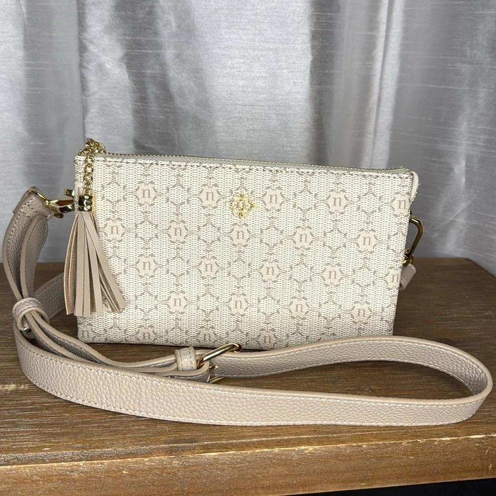 Nanette Lepore Triple Section Almond Pebble Faux Leather Monogram 2 Way Wear Bag